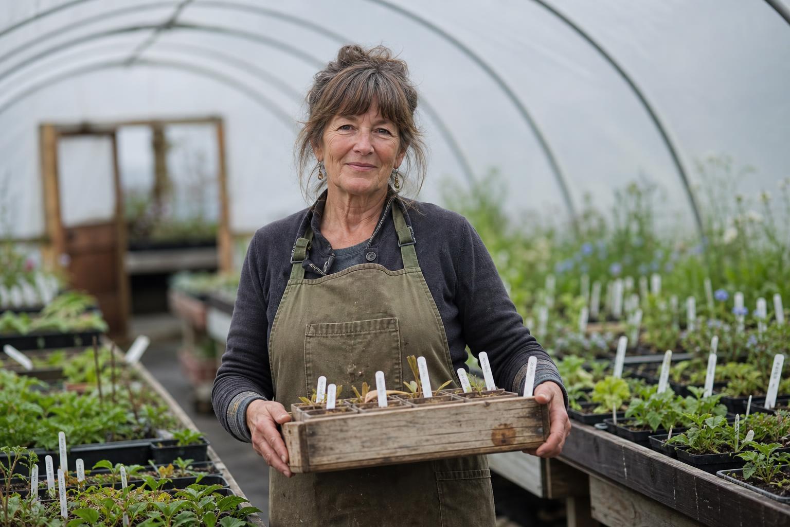 Nursery owner in a canvas apron holding a seed tray inside a polytunnel
