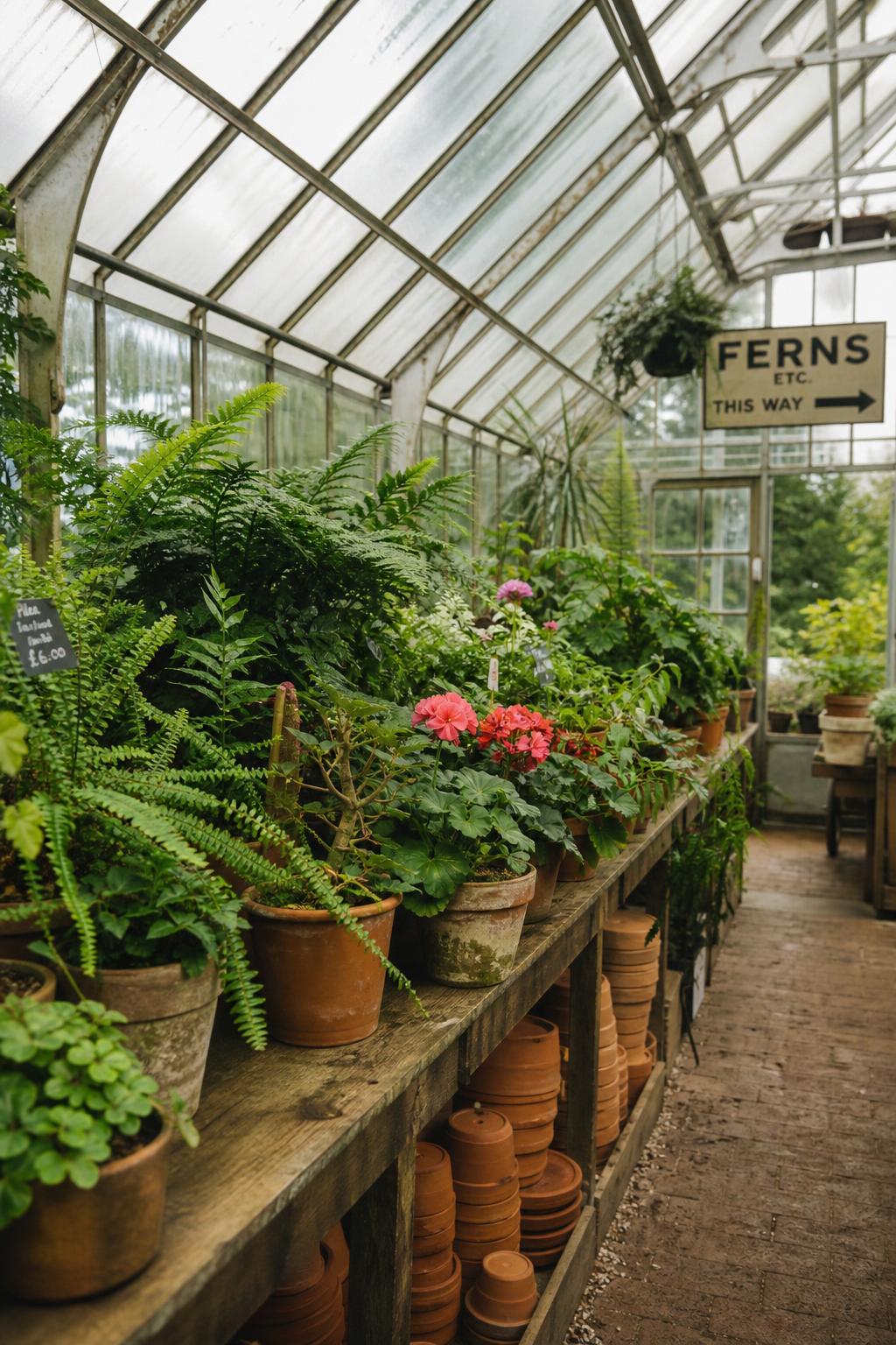 Sunlit glasshouse benches filled with potted ferns and leafy plants