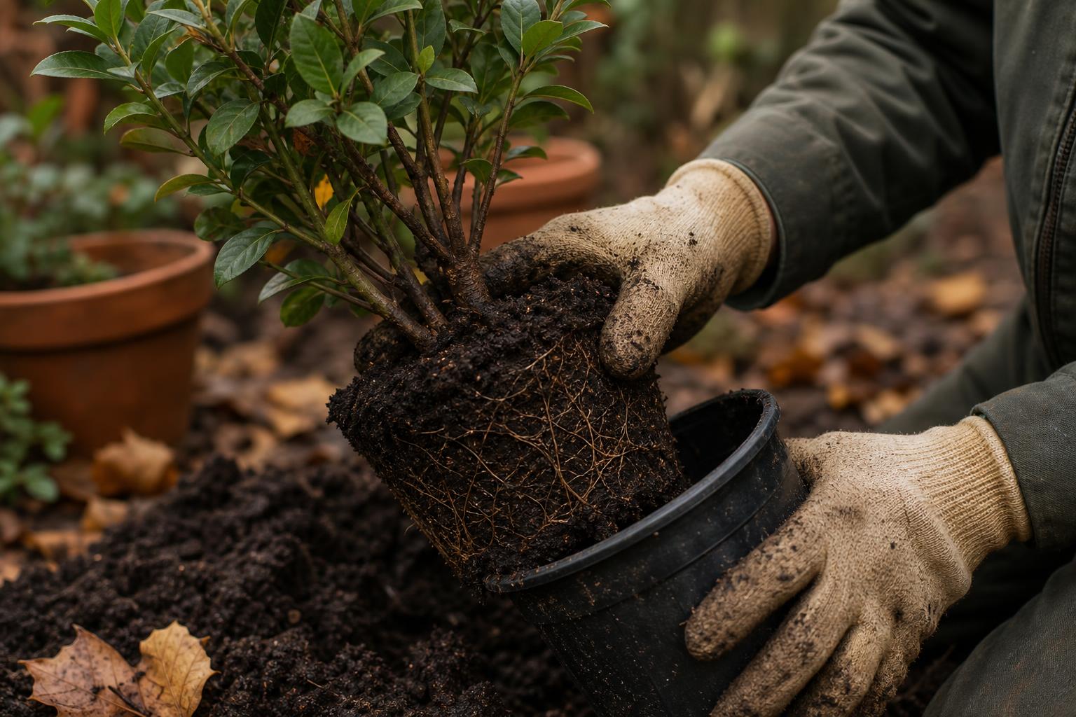 Gardener's gloved hands lifting a young shrub out of a nursery pot