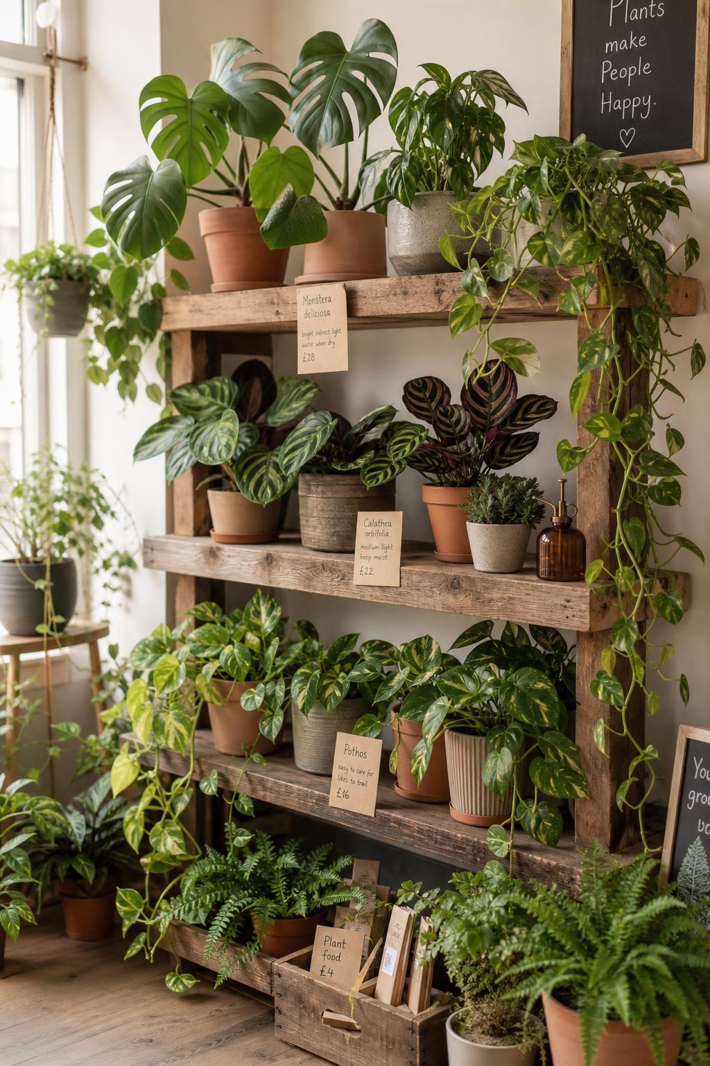 Timber shelving stacked with houseplants in terracotta pots