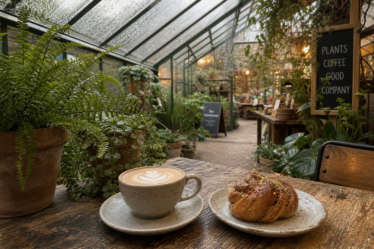 Coffee and a cardamom bun on a café table surrounded by ferns in a glasshouse