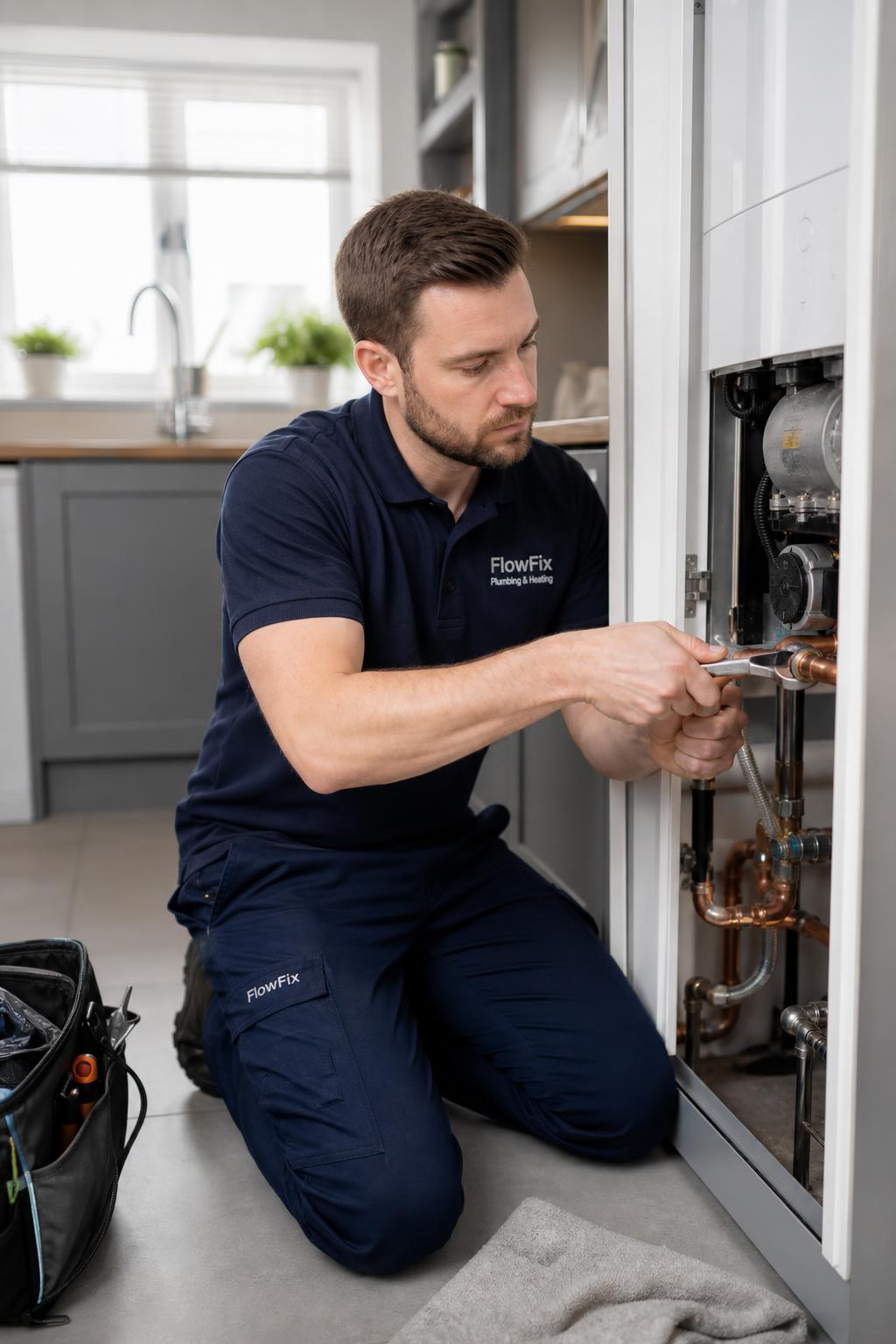 Redwell engineer servicing a boiler in a Bristol kitchen