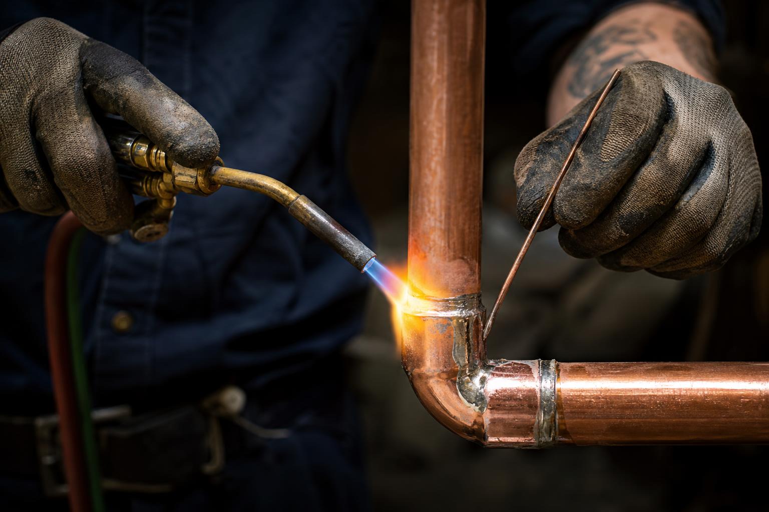 Close-up of copper pipework being soldered by a Redwell engineer