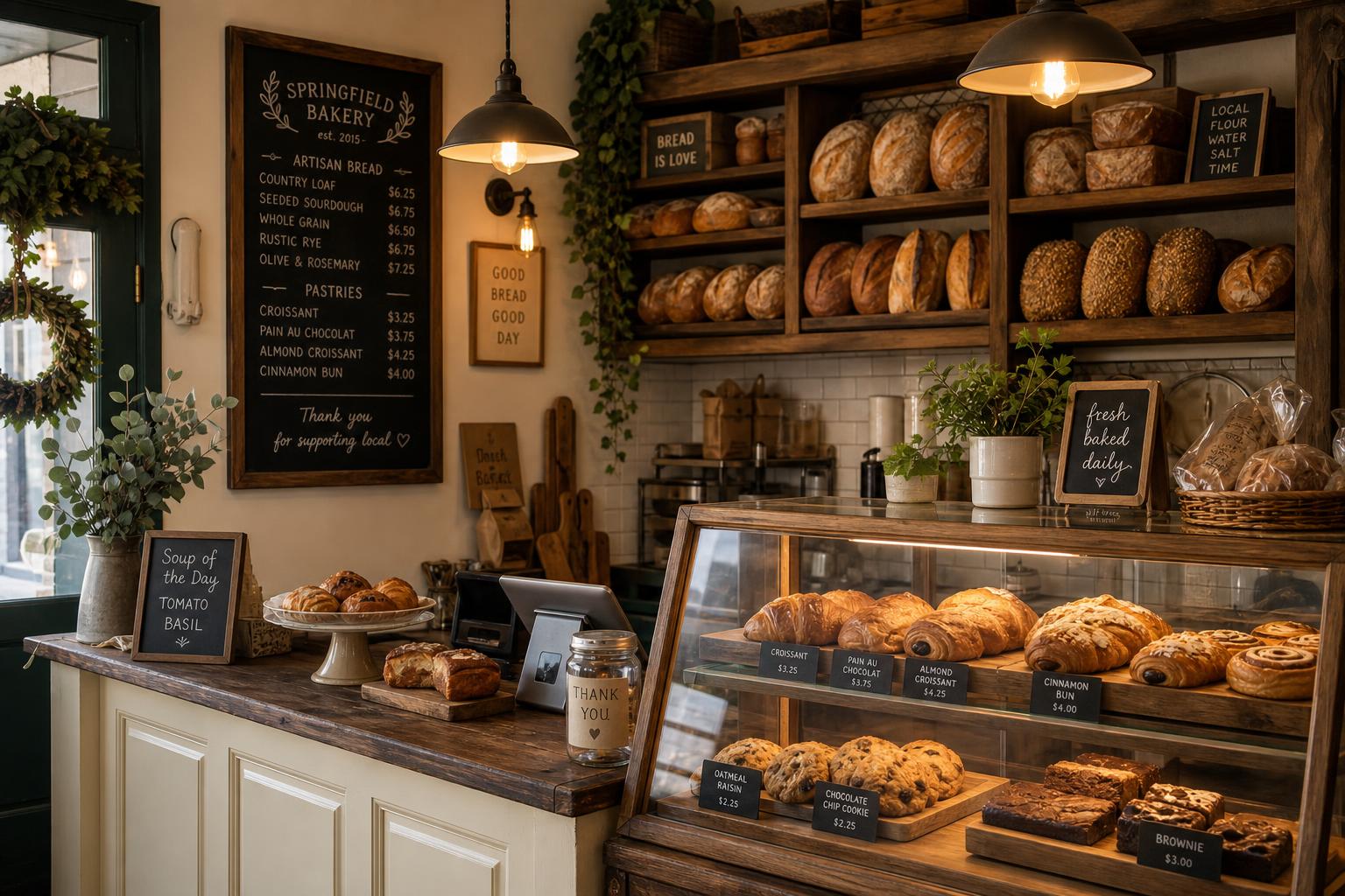 The bakery counter and bread shelves at Hearth & Stone