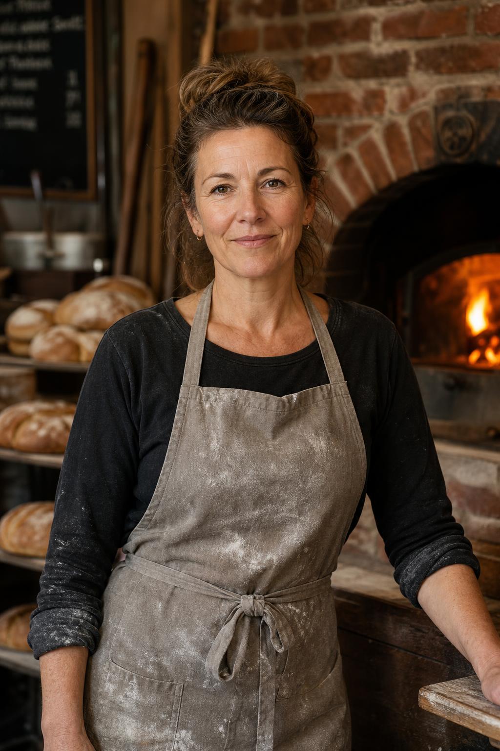 Nell Ashcombe, founder and head baker, in front of the brick oven