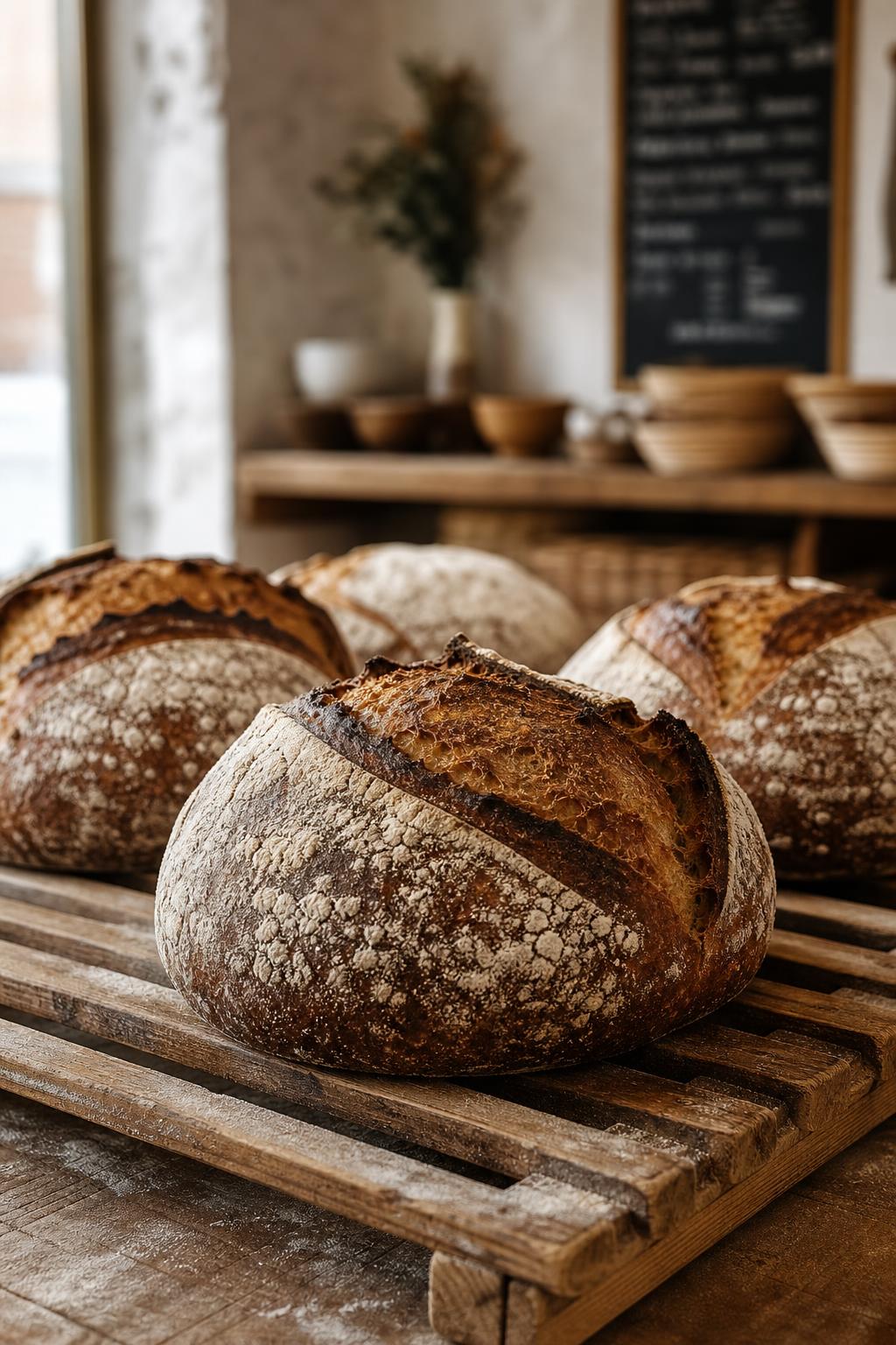 Freshly baked sourdough loaves cooling on a wooden rack