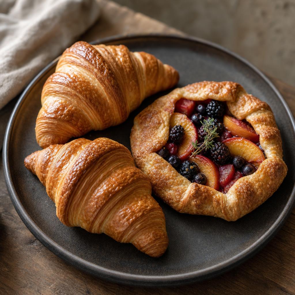 Croissants and a seasonal fruit galette on a dark plate