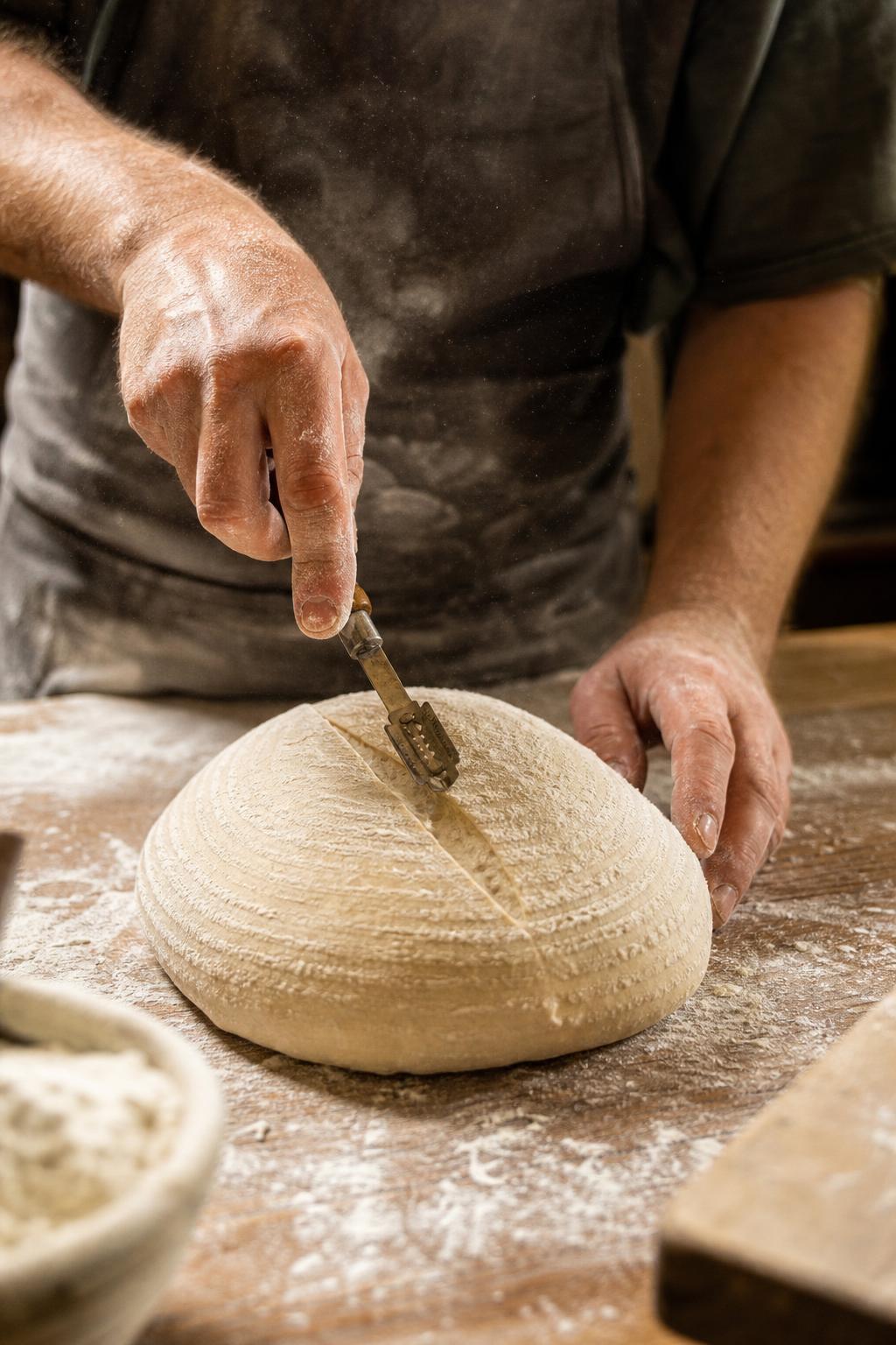 A baker scoring a proofed loaf before it goes into the oven